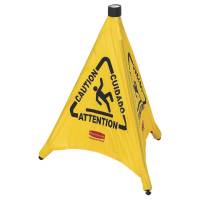 Advarselsskilt, Rubbermaid, gul, nylon/PE, 3-sidet, med tekst "Caution", med beholder til opbevaring *Denne vare tages ikke retur*