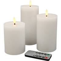 LED bloklys, &Oslash;7,5cm, hvid, plast, s&aelig;t &aacute; 3 stk., pulserende flamme, 10/12,5/15 cm i h&oslash;jden, m. fjernbetjening. *Denne vare tages ikke retur*