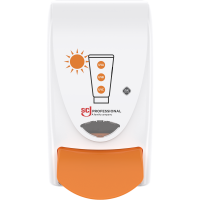 Dispenser, SCJ Professional Sun Protect, 1000 ml, hvid, plast, manuel, med orange knap,1,0 ml pr. dosering *Denne vare tages ikke retur*