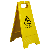 Advarselsskilt, 62x29,5cm, gul, plast, 2-sidet, med tekst "Pas på - Glat gulv"