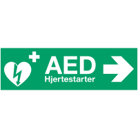 Skilt, 29,7x10,5cm, grøn, plast, med tekst: AED hjertestarter *Denne vare tages ikke retur*