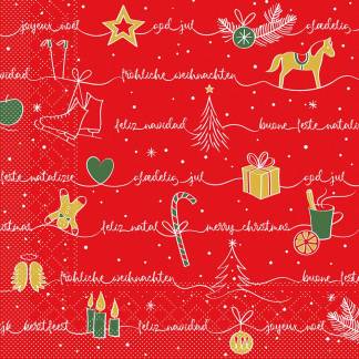 Middagsserviet, Juleserviet, 3-lags, 1/4 fold, 40x40cm, rød, nyfiber