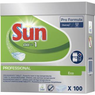Opvasketabs, Sun Professional ECO, all-in-one, vandopløselig folie, uden klor, med farve, uden parfume, 100stk