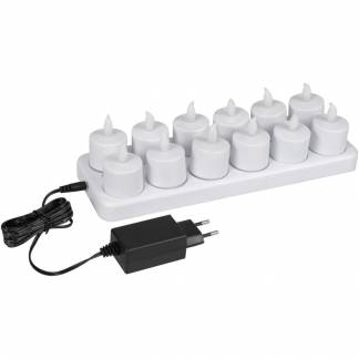 LED fyrfadslys, 4,9cm, Ø3,9cm, hvid, plast, sæt á 12 stk., med pulserende flamme, genopladelig, inkl. timer