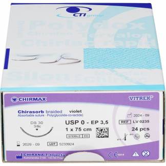 Sutur, Chirasorb, 75cm, violet, Polyglactin 910, USP 0, DS 30mm, resorberbar, violet, steril, engangs *Denne vare tages ikke retur*