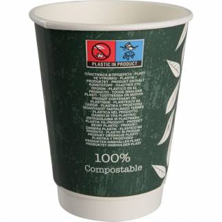 Kaffebæger Green Leaves, ABENA Gastro, 11,2cm, Ø9cm, 36 cl, 40 cl, grøn, CPLA/pap, 12 oz, double wall