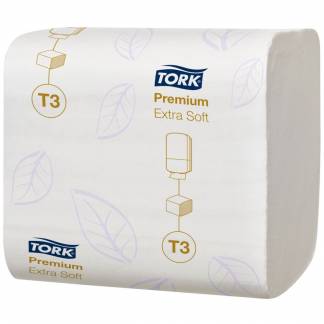 Toiletpapir i ark, Tork T3 Premium, 2-lags, 19x11cm, hvid, nyfiber