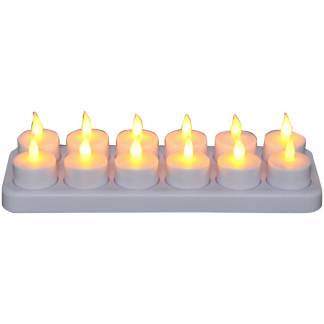 LED fyrfadslys, 4,5cm, Ø4cm, hvid, plast, med pulserende flamme, genopladelig sæt med 12 lys og oplader *Denne vare tages ikke retur*