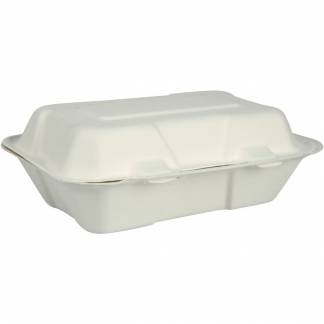 Takeaway boks, 22,9x15,5x7,65cm, 600 ml, hvid, sukkerrør, 1-rums, med hængslet låg