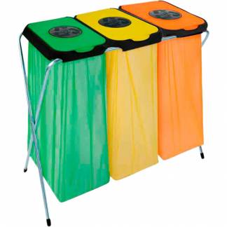 Affaldsstativ, EKOthinks 3, flerfarvet, galvaniseret stål, 3-rums, 3x120 l, m. grøn, gul, og orange låg