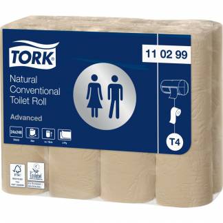 Toiletpapir, Tork T4 Advanced, Natur, 2-lags, 34,7m x 9,9cm , Ø10,4cm, lysebrun, genanvendt papir