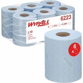 Håndklæderulle, Kimberly-Clark Wypall L10, 1-lags, Mini, 79m x 38cm , Ø18,3cm, blå, genanvendt papir, med spiralhylse