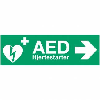 Skilt, 29,7x10,5cm, grøn, plast, med tekst: AED hjertestarter *Denne vare tages ikke retur*