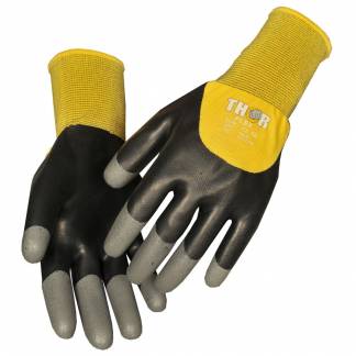 Halvdyppet latexhandske, THOR Flex Dry, 7, sort, latex/nitril/polyester, med gul ribkant