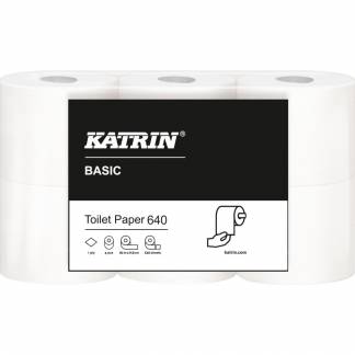 Toiletpapir, Katrin Basic, 1-lags, 80m x 9,7cm , Ø11,8cm, ubleget, genanvendt papir *Denne vare tages ikke retur*