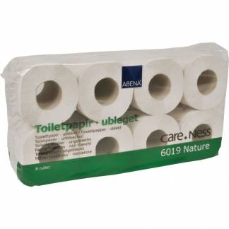 Toiletpapir, ABENA Care-Ness Basic, 2-lags, 31,25m x 9,6cm , Ø11,5cm, ubleget, genanvendt papir