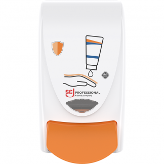 Dispenser, SCJ Professional Protect, 1000 ml, hvid, plast, manuel, med orange knap,1,0 ml pr. dosering *Denne vare tages ikke retur*