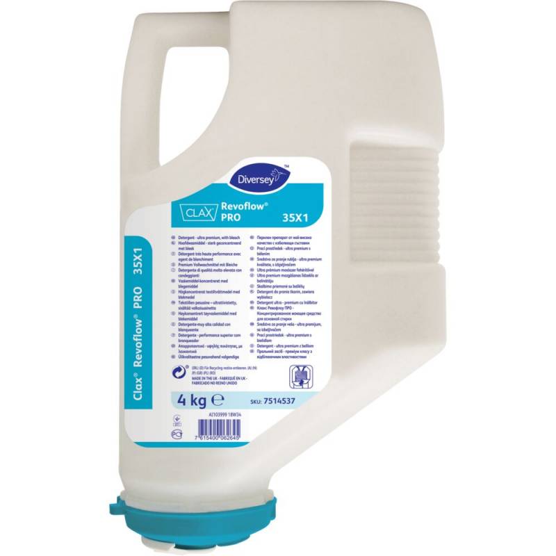 T&oslash;jvask, Diversey CLAX Revoflow Pro 35X1, kul&oslash;rt og hvidt, uden farve, med parfume, 4 kg *Denne vare tages ikke retur*