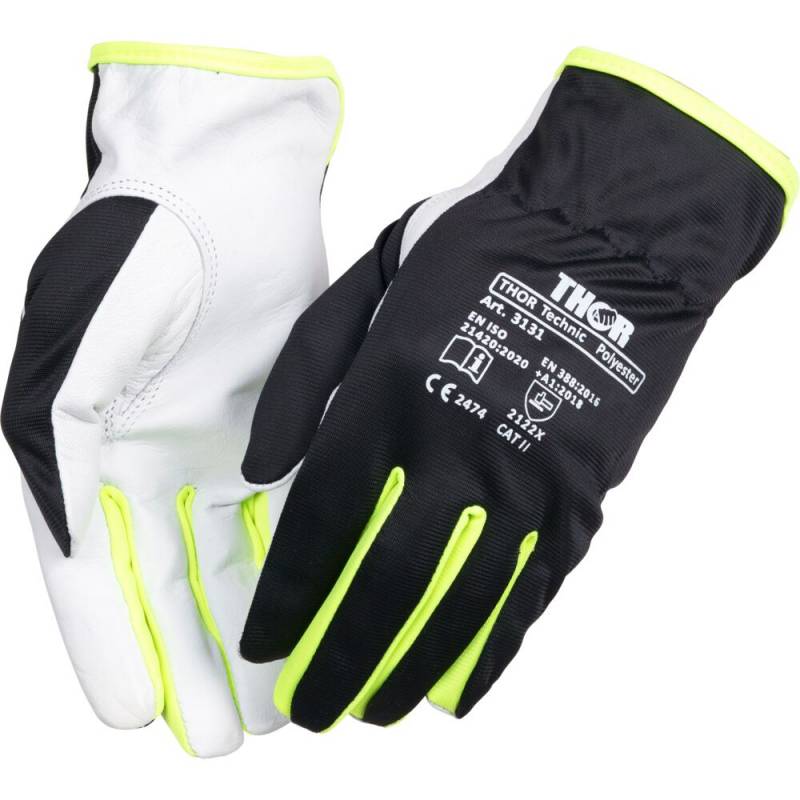 Gedeskindshandske, THOR Teknik Polyester, 8, sort, gedeskind/polyester, Hi-vis mellem fingrende