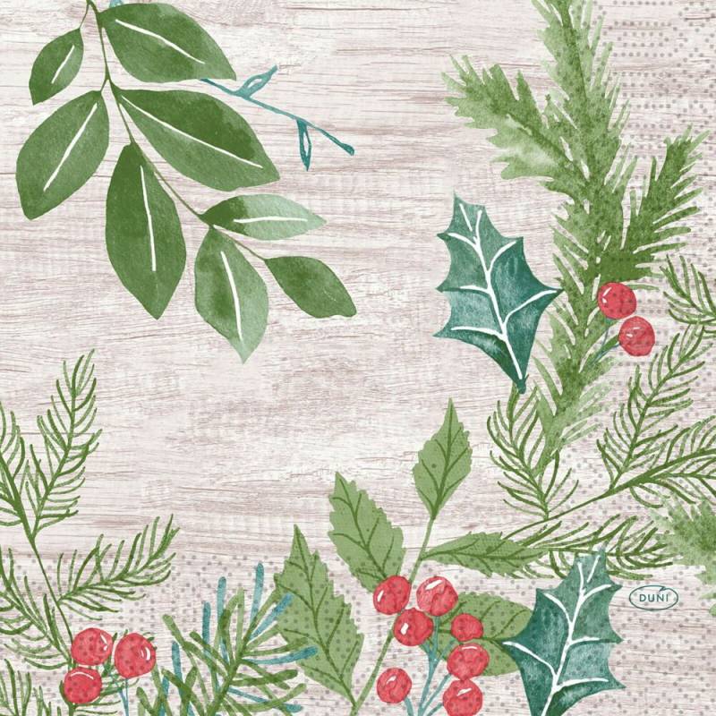 Frokostserviet, Duni, Winter Greenery, 3-lags, 1/4 fold, 33x33cm, flerfarvet, nyfiber