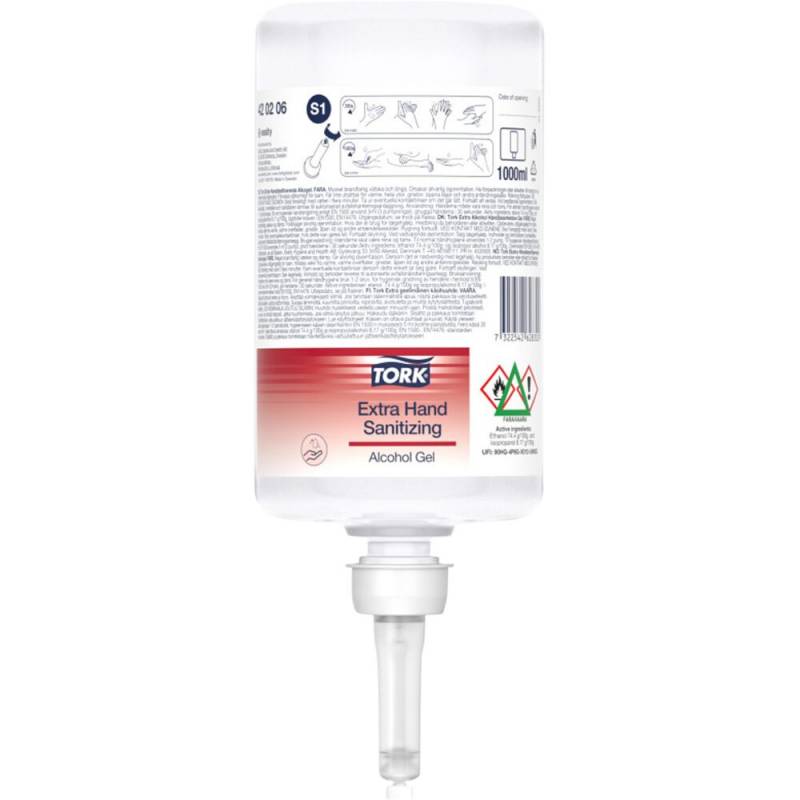 H&aring;nddesinfektionsgel, Tork, 1000 ml, S1, 74\% ethanol,1,0 ml pr. dosering
