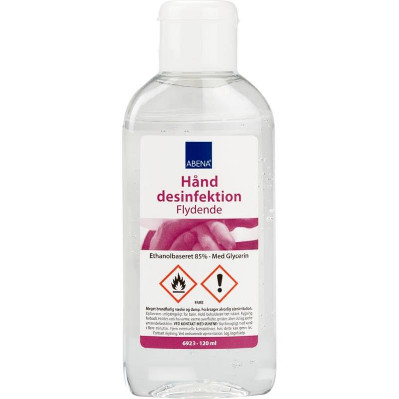 H&aring;nddesinfektion, ABENA, 120 ml, 85% alkohol, med glycerin, flaske med klapl&aring;g, flydende