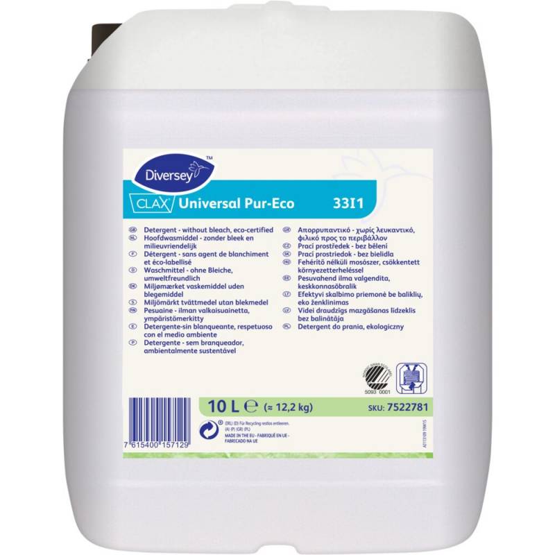 T&oslash;jvask, Diversey CLAX Universal Pur-Eco 33l1, 10 l, kul&oslash;rt og hvidt, uden farve og parfume