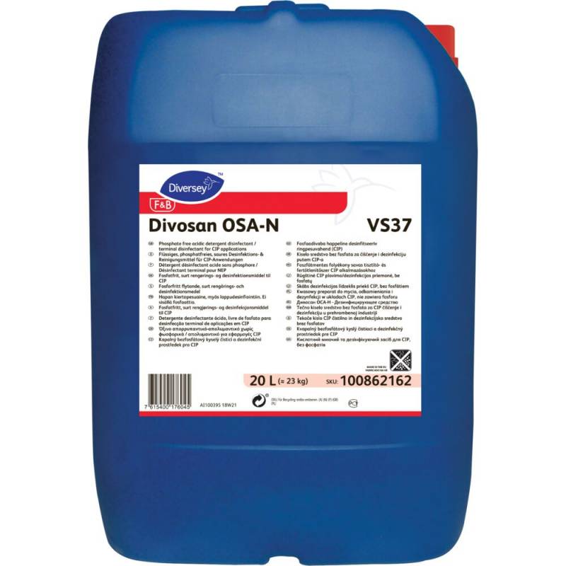 Reng&oslash;rings- og desinfektionsmiddel, Diversey Divosan OSA-N VS37, 20 l, CIP, uden farve og parfume *Denne vare tages ikke retur*