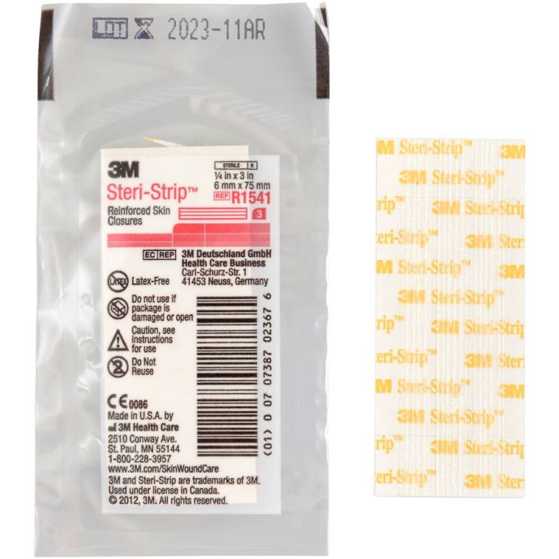 Strip, Steri-strip, 75x6mm, hvid, forst&aelig;rket, ark &aacute; 3 strips, latexfri, steril, engangs *Denne vare tages ikke retur*