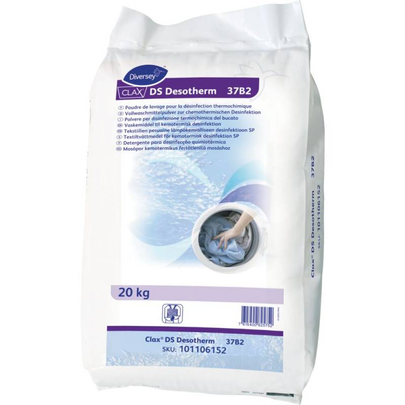 Vaskepulver, Diversey CLAX DS Desotherm 37B2, desinficerende, kul&oslash;rt og hvidt, uden farve, med parfume, 20 kg