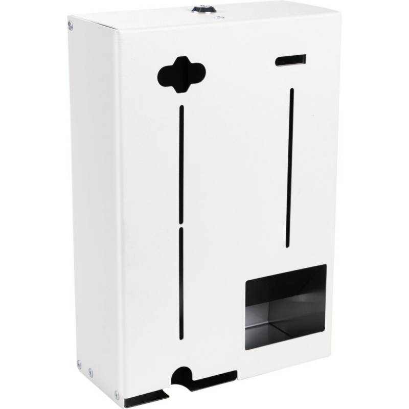 Dispenser, 9,5x21x30cm, hvid, metal, til p&aring;fyldning af bind og tamponer