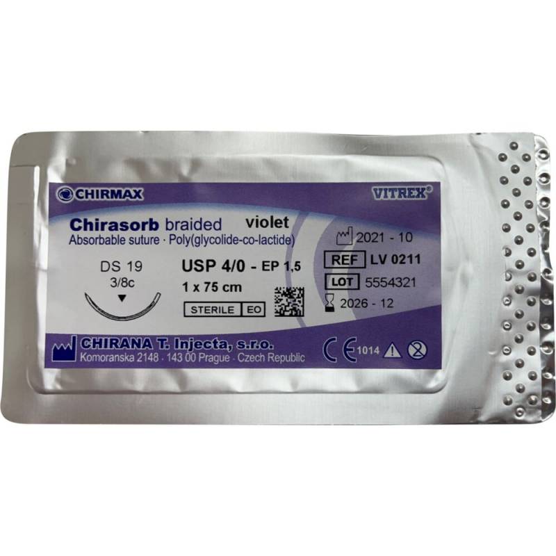 Sutur, Chirasorb, 75cm, violet, Polyglactin 910, USP 4/0, DS 19 mm, resorberbar, violet, steril, engangs *Denne vare tages ikke retur*