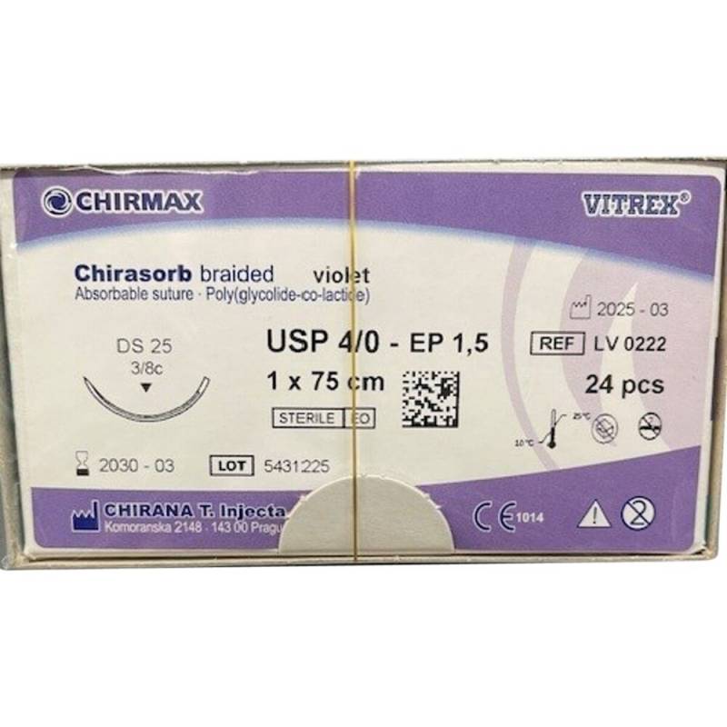 Sutur, Chirasorb, 75cm, violet, Polyglactin 910, USP 4/0, DS 25 mm, resorberbar, violet, steril, engangs *Denne vare tages ikke retur*