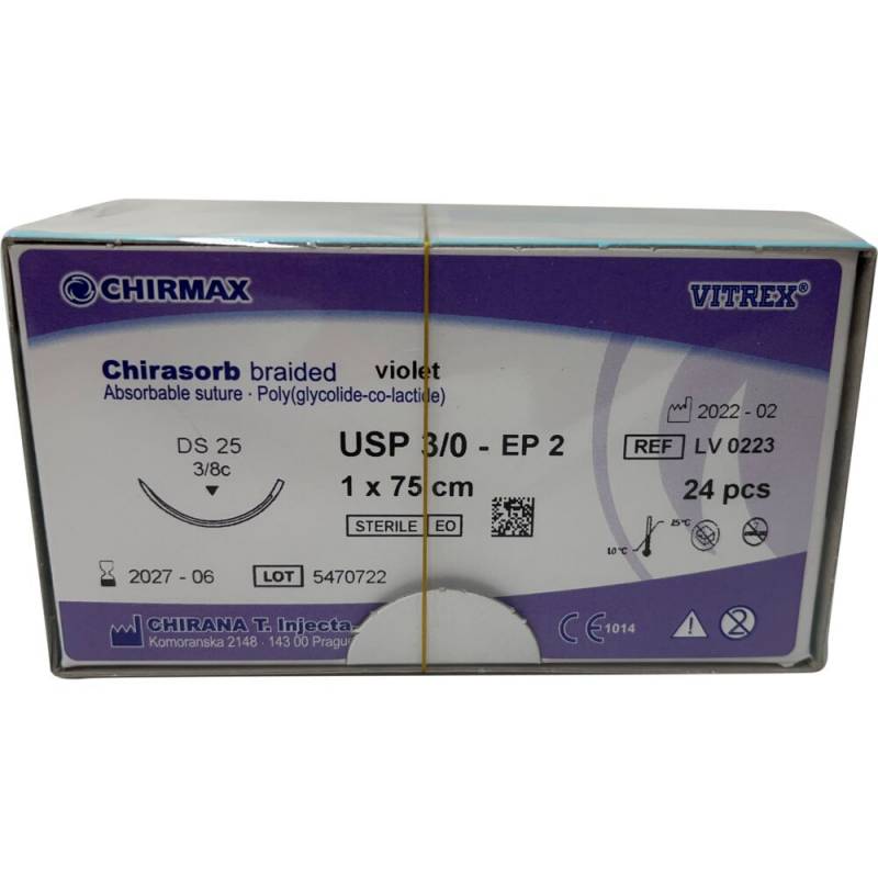 Sutur, Chirasorb, 75cm, violet, Polyglactin 910, USP 3/0, DS 25 mm, resorberbar, violet, steril, engangs *Denne vare tages ikke retur*