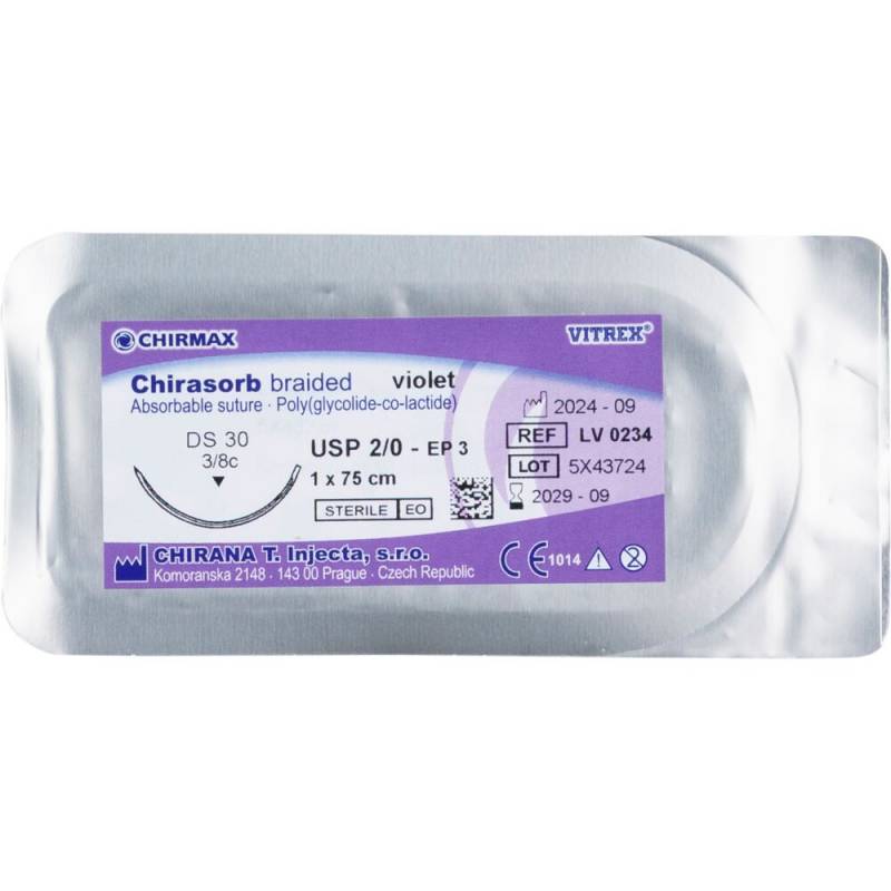 Sutur, Chirasorb, 75cm, violet, Polyglactin 910, USP 2/0, DS 30 mm, resorberbar, violet, steril, engangs *Denne vare tages ikke retur*