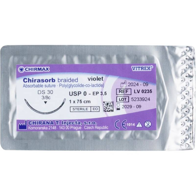 Sutur, Chirasorb, 75cm, violet, Polyglactin 910, USP 0, DS 30 mm, resorberbar, violet, steril, engangs *Denne vare tages ikke retur*