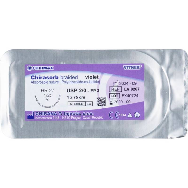 Sutur, Chirasorb, 75cm, violet, Polyglactin 910, USP 2/0, HR 27 mm, resorberbar, violet, steril, engangs *Denne vare tages ikke retur*