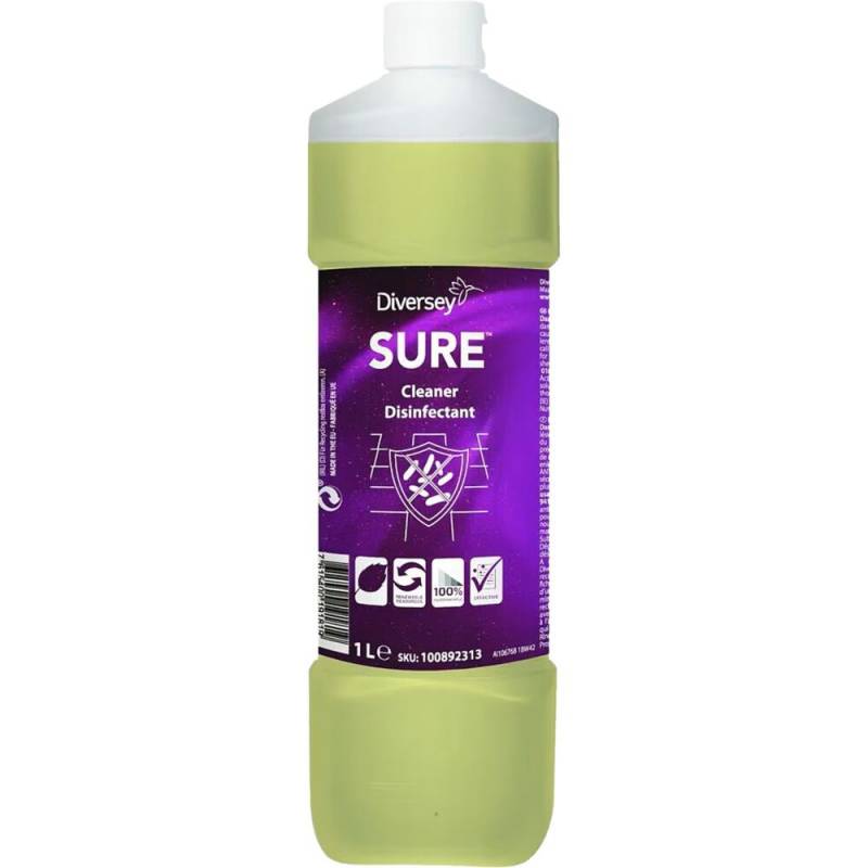 Reng&oslash;ring og desinfektion, Diversey SURE Cleaner Disinfectant, 1 l, til overflader, flydende, uden farve og parfume