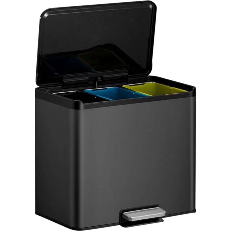 Pedalspand, EKO Essential, sort, rustfrit st&aring;l, 3-rums, 3x9 l, plast inderspande, soft close, fingeraftryksfri *Denne vare tages ikke retur*