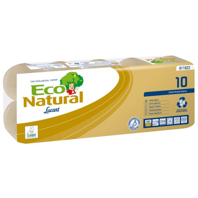 Toiletpapir, Lucart T3 Natural, 2-lags, 22m x 9,6cm, &Oslash;10cm, ubleget, genanvendt papir