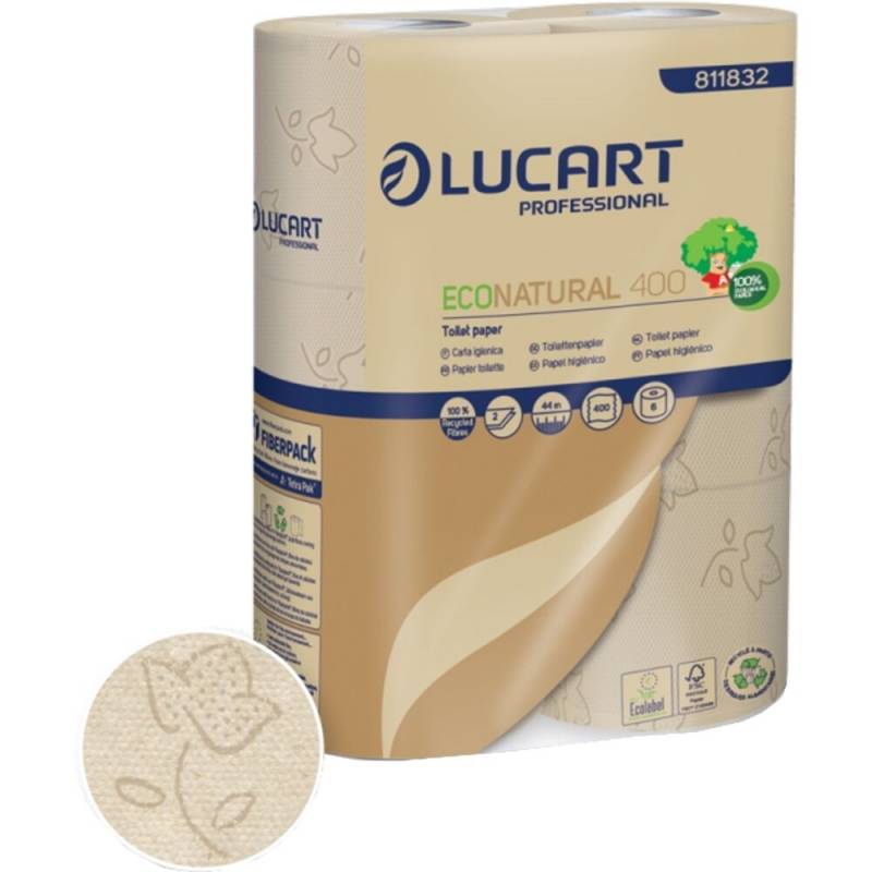 Toiletpapir, Lucart T3 Natural, 2-lags, 44m x 9,6cm, &Oslash;12cm, ubleget, genanvendt papir