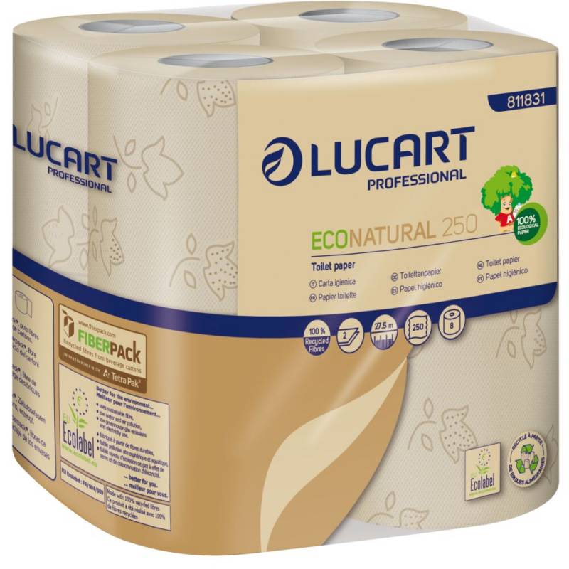Toiletpapir, Lucart T3 Natural, 2-lags, 27,5m x 9,6cm, &Oslash;10,3cm, ubleget, genanvendt papir
