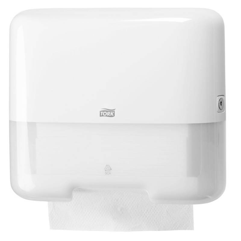 Dispenser, Tork H3, Mini, 13,5x33,2x29,1cm, hvid, plast, til h&aring;ndkl&aelig;deark maks dydbe 11,5 cm og maks bredde 25 cm
