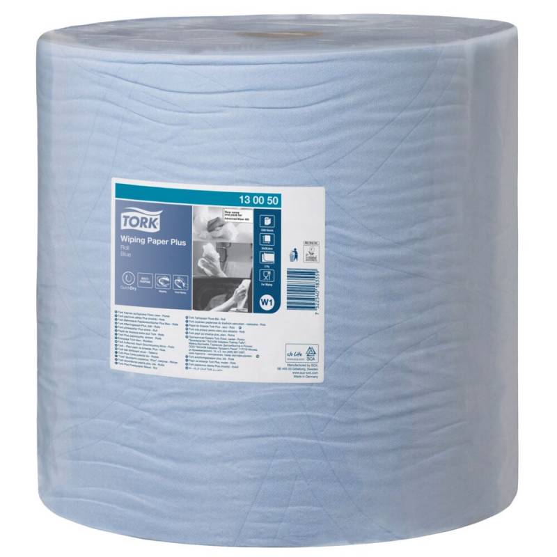 V&aelig;rkstedsrulle, Tork W1, 2-lags, 510m x 36,9cm, &Oslash;39cm, bl&aring;, blandingsfibre