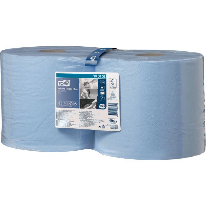 V&aelig;rkstedsrulle, Tork W1/W2, 2-lags, 255m x 23,5cm, &Oslash;26,2cm, bl&aring;, blandingsfibre