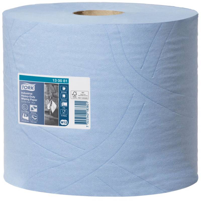 V&aelig;rkstedsrulle, Tork W1/W2, 3-lags, 119m x 23,5cm, &Oslash;26,2cm, bl&aring;, nyfiber