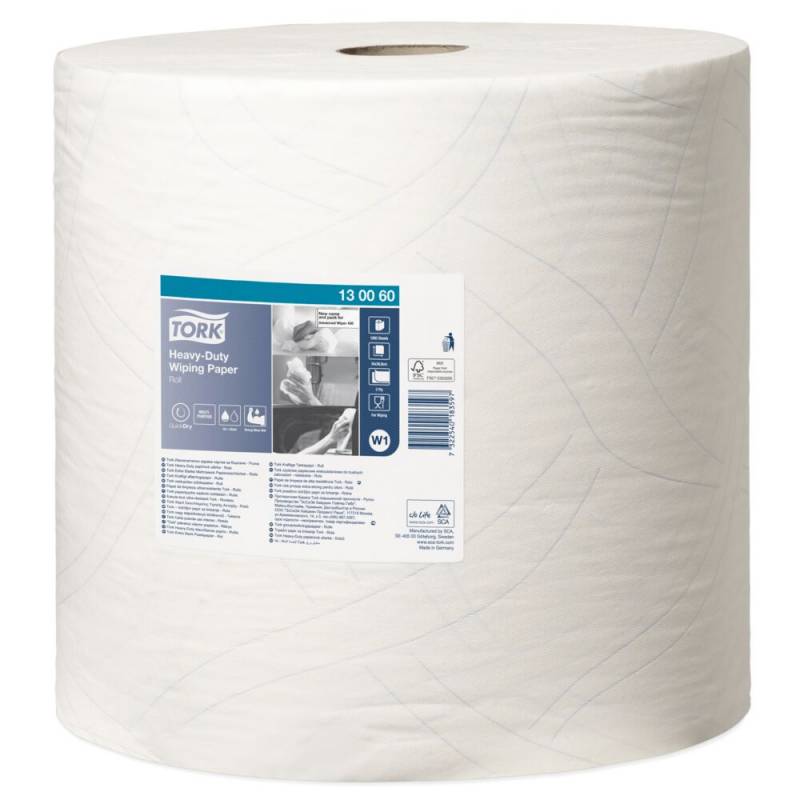 V&aelig;rkstedsrulle, Tork W1, 2-lags, 340m x 36,9cm, &Oslash;37,5cm, hvid, nyfiber