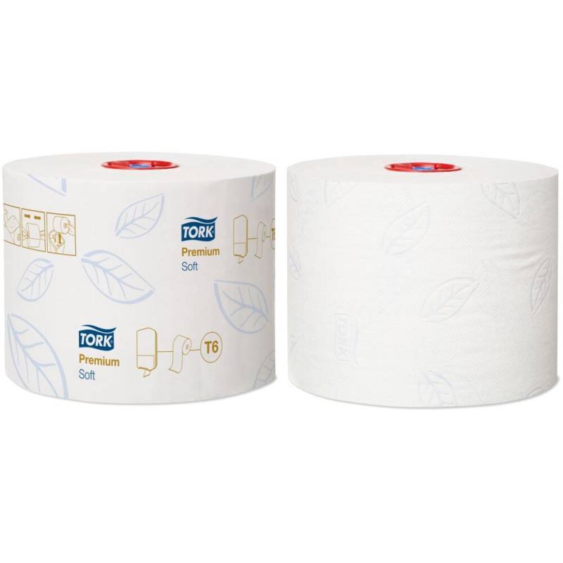 Toiletpapir, Tork T6 Premium, 2-lags, 90m x 9,9cm, &Oslash;13,2cm, hvid, nyfiber