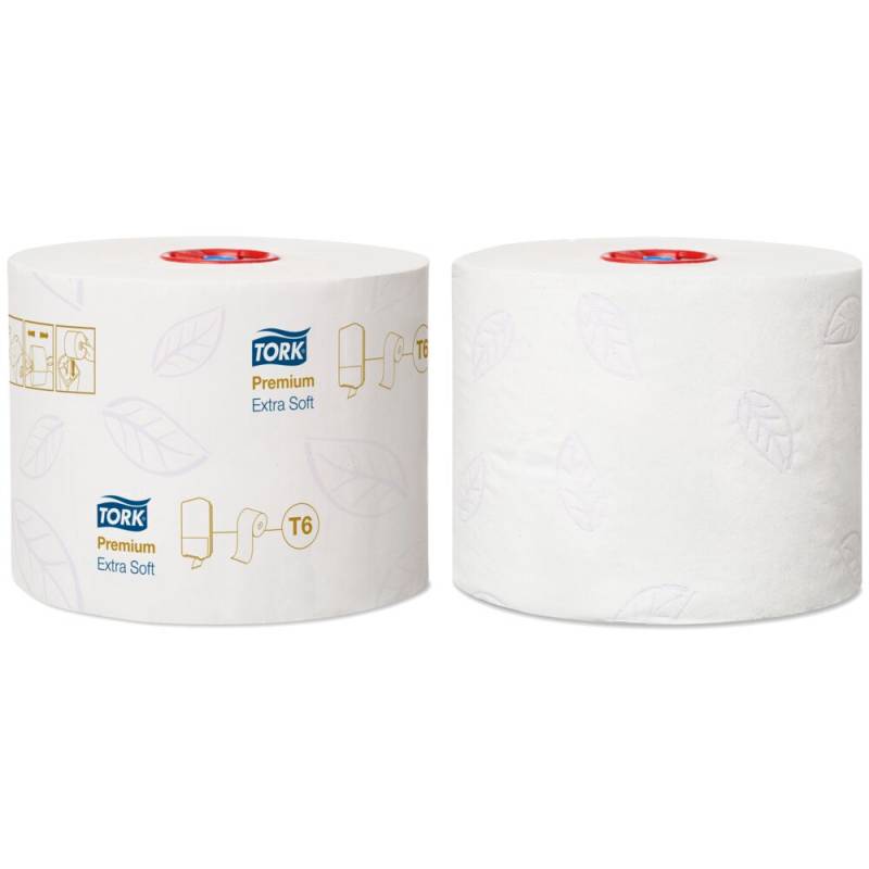 Toiletpapir, Tork T6 Premium, 3-lags, 70m x 9,9cm, &Oslash;13,2cm, hvid, nyfiber
