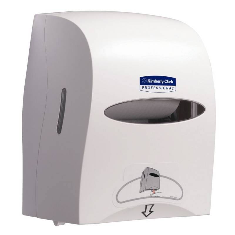 Dispenser, Kimberly-Clark, 28x33x42,5cm, hvid, plast, til h&aring;ndkl&aelig;deruller, skal bruge 4 x baterier
